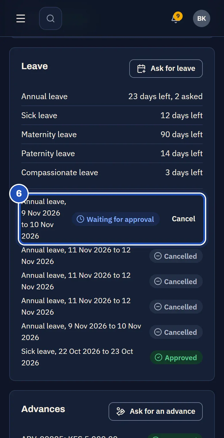 Annual leave, 9 Nov 2026 to 10 Nov 2026, Waiting for approval, with Cancel beside it, marked 6.