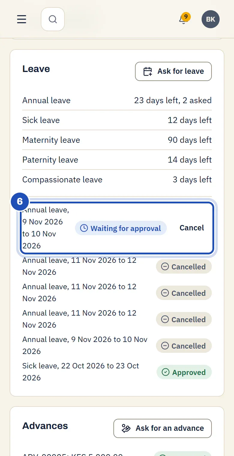 Annual leave, 9 Nov 2026 to 10 Nov 2026, Waiting for approval, with Cancel beside it, marked 6.