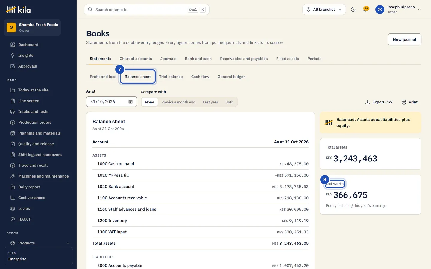 The balance sheet: the Balance sheet tab (7), assets, liabilities and equity, and Net worth (8).