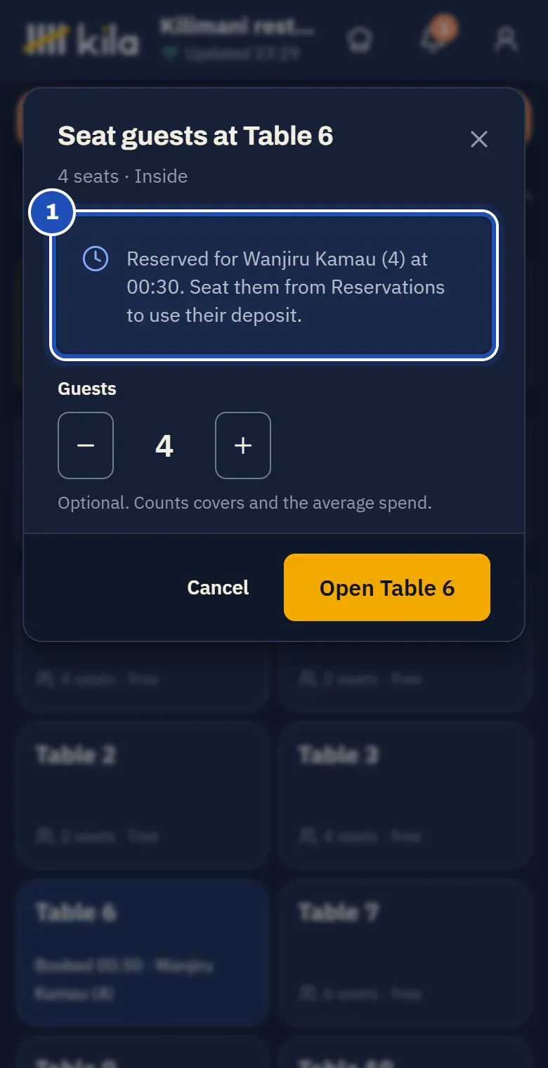 Seat guests at Table 6 with the notice Reserved for Wanjiru Kamau (4) at 21:00. Seat them from Reservations to use their deposit, marked 1.