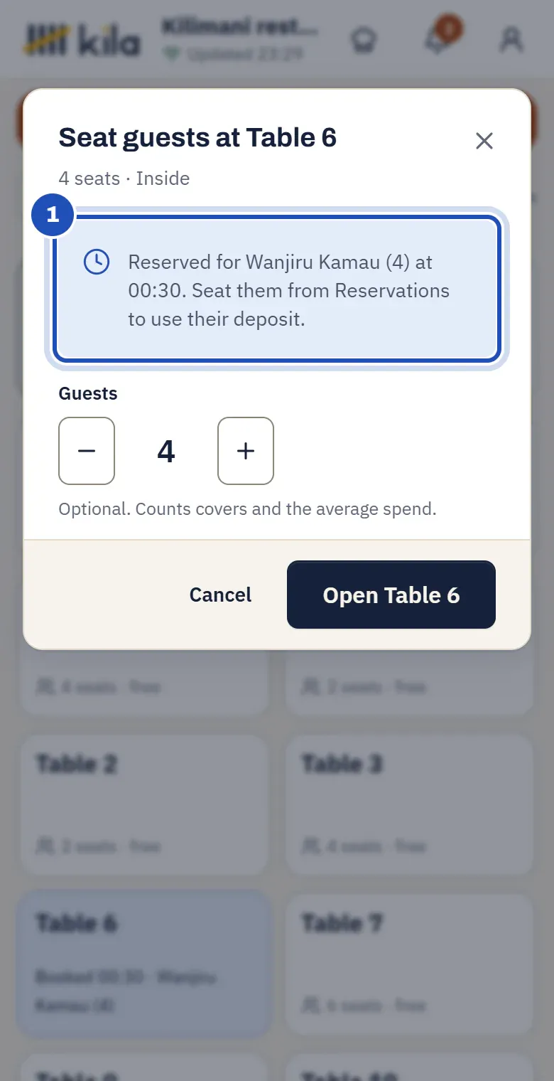 Seat guests at Table 6 with the notice Reserved for Wanjiru Kamau (4) at 21:00. Seat them from Reservations to use their deposit, marked 1.