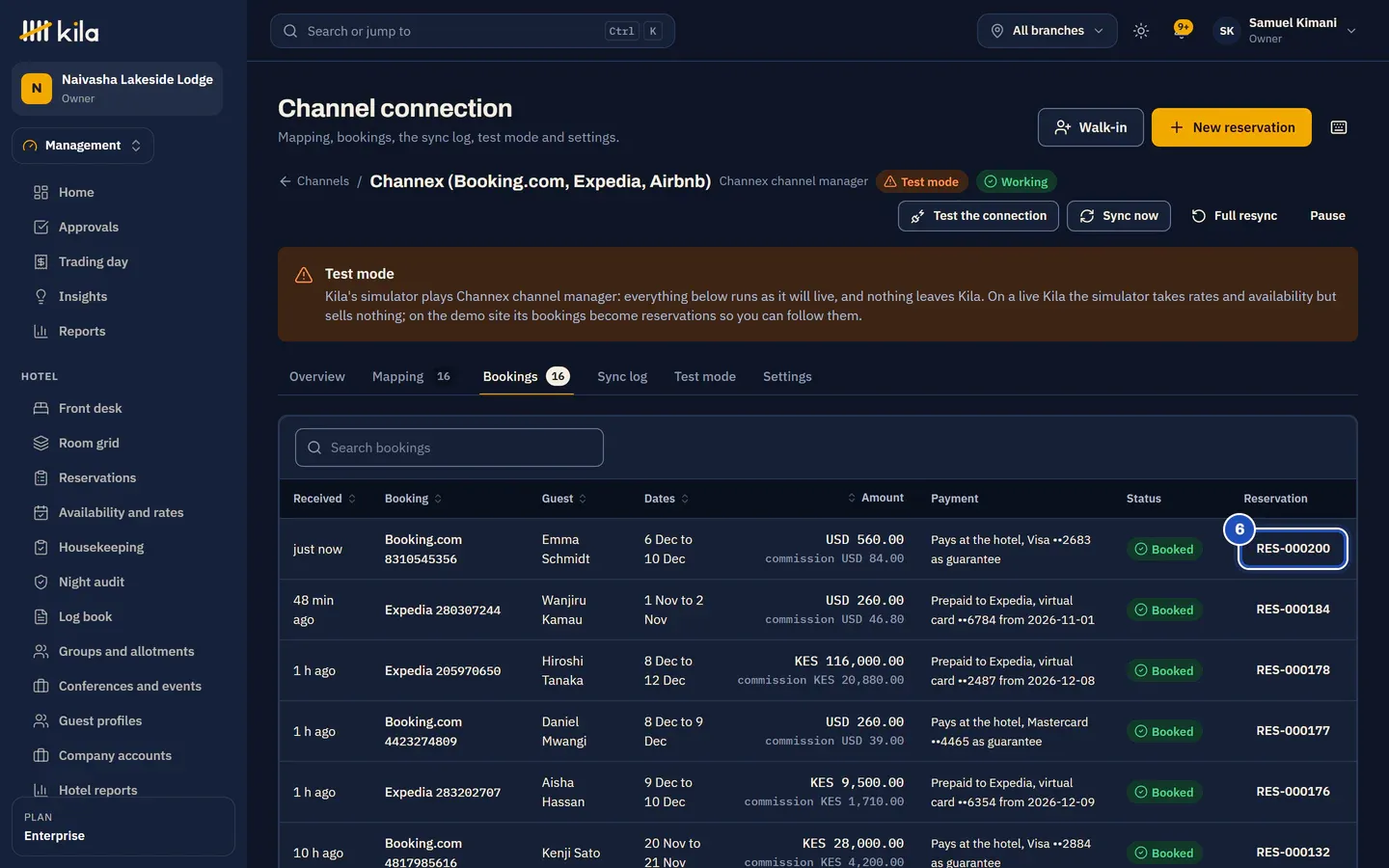 The Channex connection's Bookings tab: the booking just sent by the simulator, Booked, Pays at the hotel with a card as guarantee, and its reservation number (6).