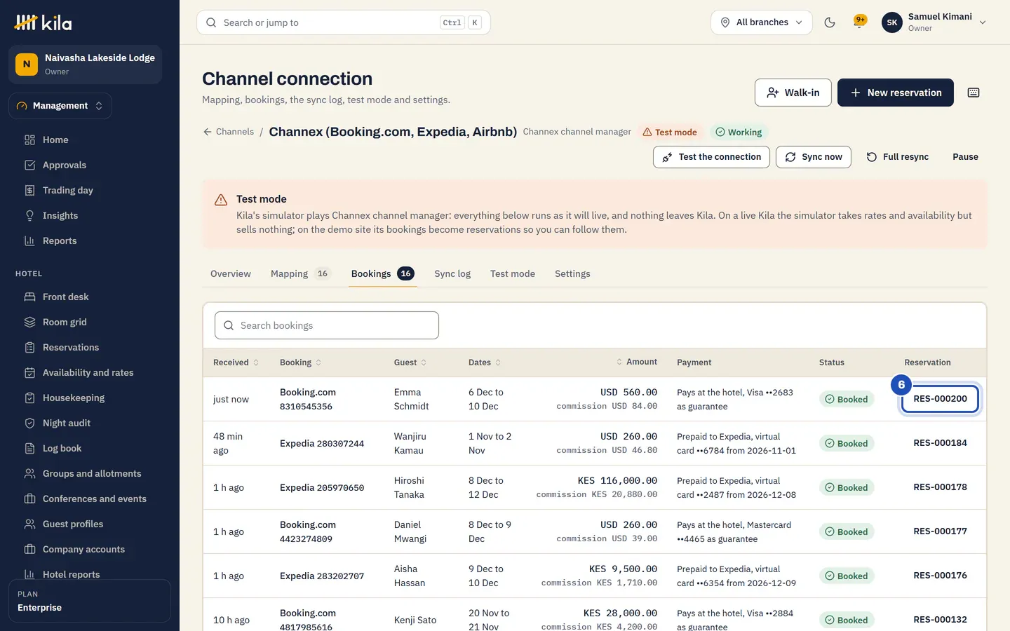 The Channex connection's Bookings tab: the booking just sent by the simulator, Booked, Pays at the hotel with a card as guarantee, and its reservation number (6).