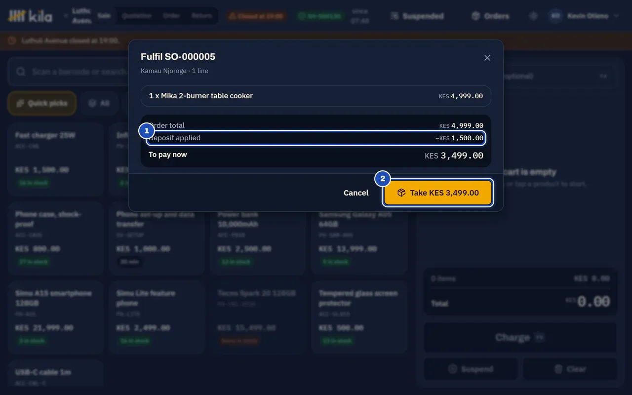 Fulfil the order for Kamau Njoroge: order total KES 4,999.00, Deposit applied minus KES 1,500.00 (1), to pay now KES 3,499.00, and Take KES 3,499.00 (2).