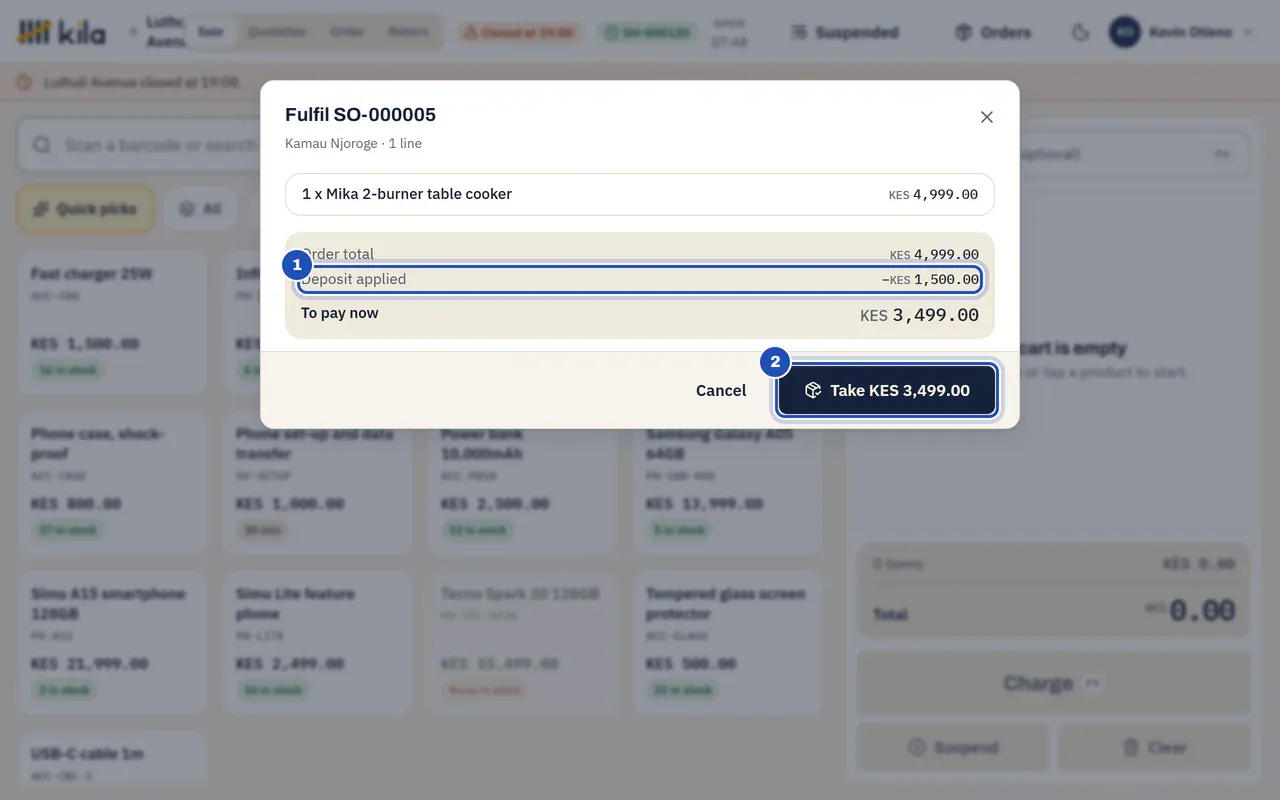 Fulfil the order for Kamau Njoroge: order total KES 4,999.00, Deposit applied minus KES 1,500.00 (1), to pay now KES 3,499.00, and Take KES 3,499.00 (2).
