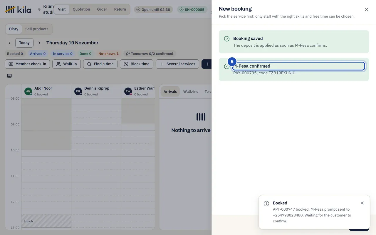 Booking saved, and M-Pesa confirmed for the deposit (5).