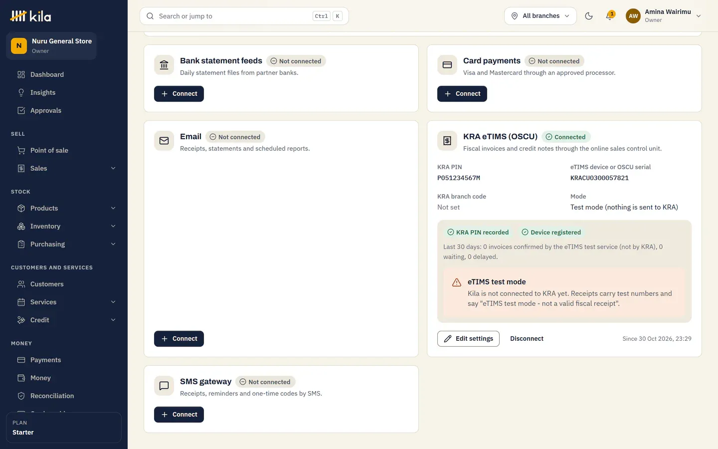 KRA eTIMS (OSCU) Connected, with the KRA PIN, the device serial and Test mode (nothing is sent to KRA), KRA PIN recorded and Device registered, and the eTIMS test mode notice.