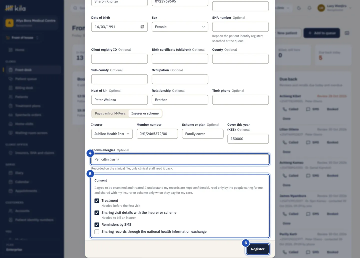 The end of the form: Known allergies, Penicillin (rash) (4); the consent read to the patient, with Treatment, Sharing visit details with the insurer or scheme and Reminders by SMS ticked (5); and Register (6).