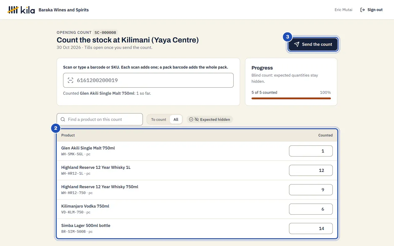 Count the stock at Kilimani (Yaya Centre): five products, each with the quantity counted and no expected figure (2), Progress 5 of 5 counted, and Send the count (3).
