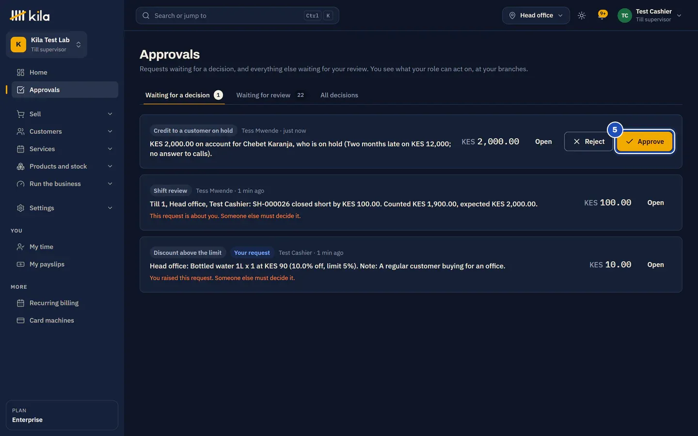 Test Cashier's Approvals once the limit is KES 5,000: the same request now has Reject and Approve. Approve is marked 5.