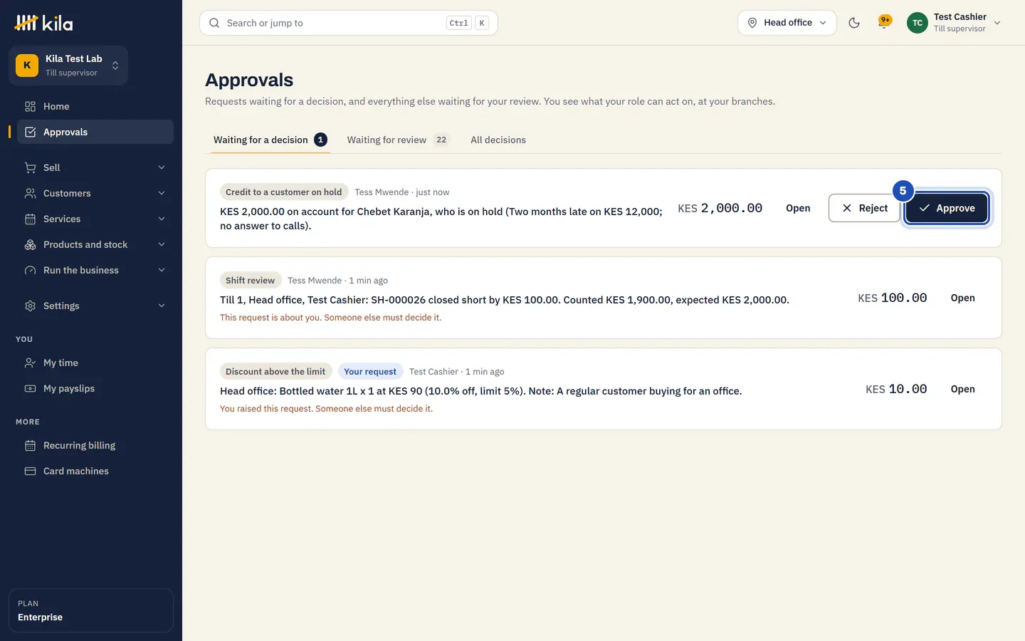 Test Cashier's Approvals once the limit is KES 5,000: the same request now has Reject and Approve. Approve is marked 5.