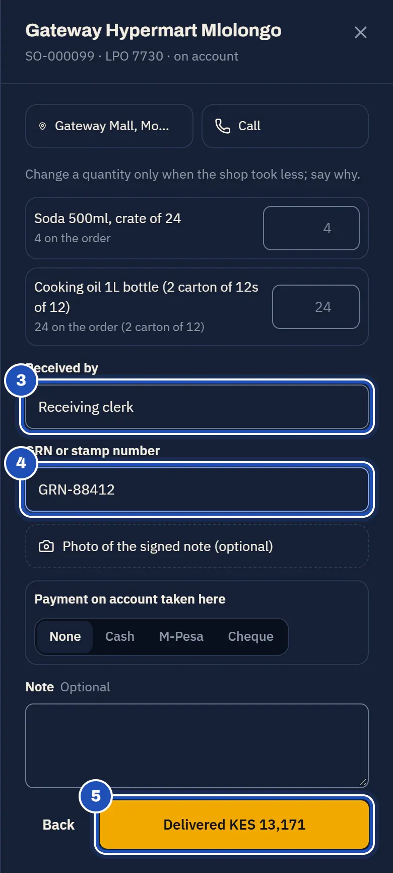 Deliver: both lines as ordered, Receiving clerk in Received by (3), GRN-88412 in GRN or stamp number (4), payment None, and Delivered KES 13,171 marked 5.