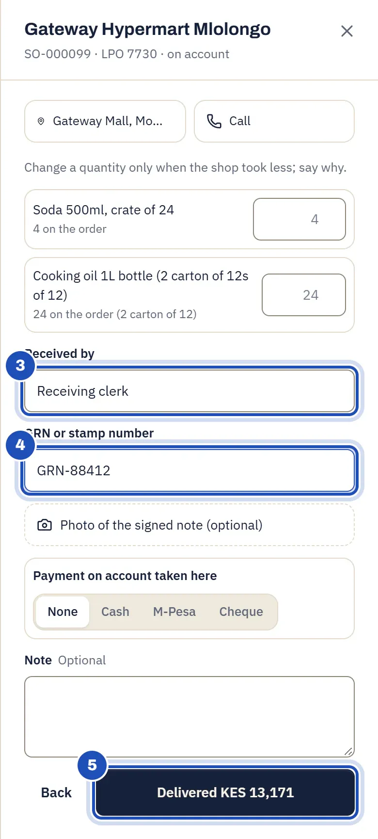 Deliver: both lines as ordered, Receiving clerk in Received by (3), GRN-88412 in GRN or stamp number (4), payment None, and Delivered KES 13,171 marked 5.