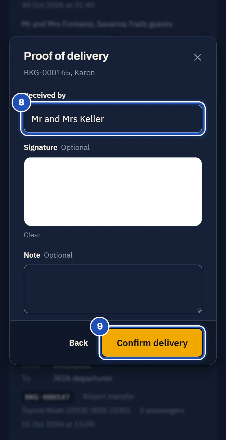 Proof of delivery on the chauffeur's phone: Received by Mr and Mrs Keller (8), a signature box, and Confirm delivery (9).