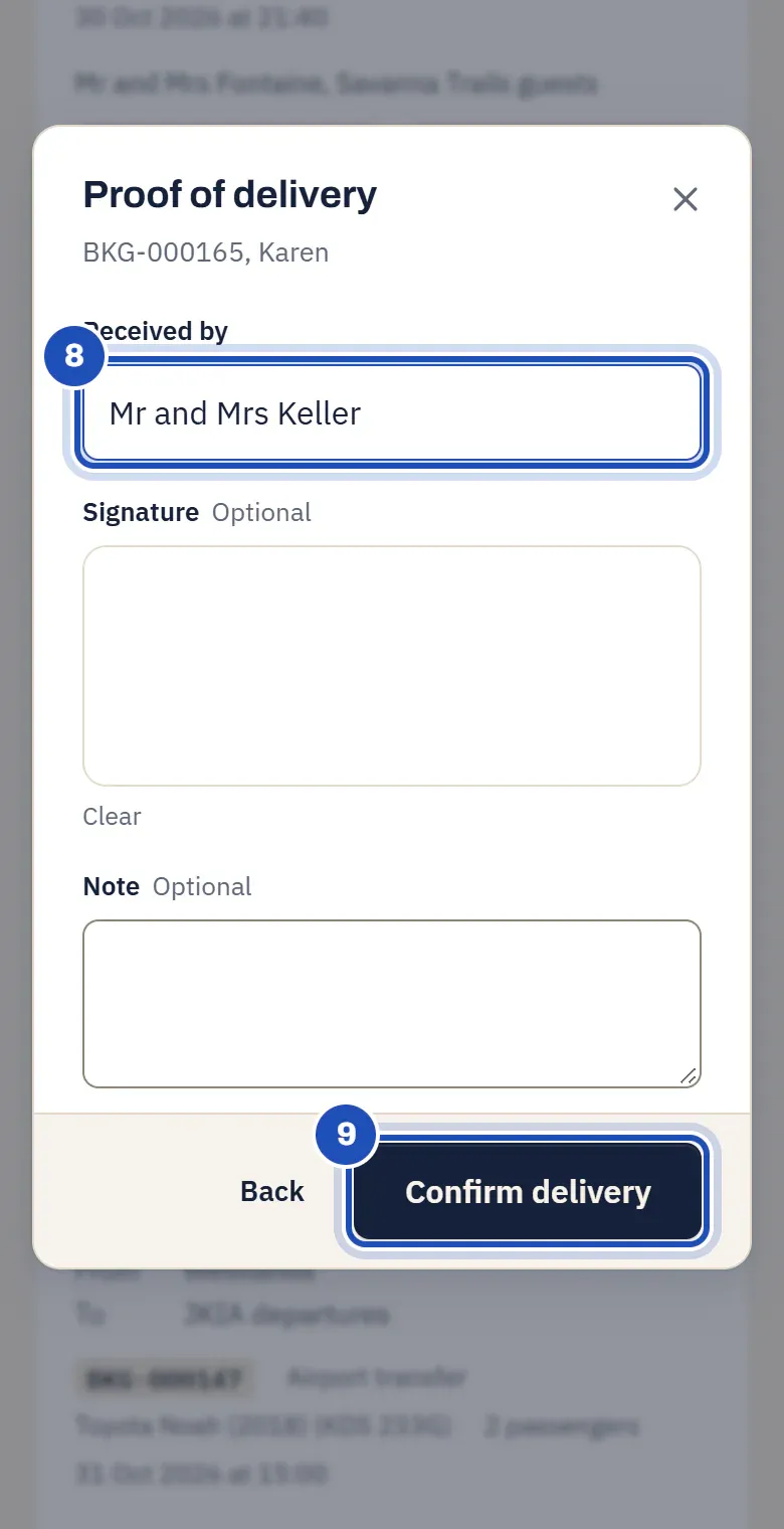 Proof of delivery on the chauffeur's phone: Received by Mr and Mrs Keller (8), a signature box, and Confirm delivery (9).