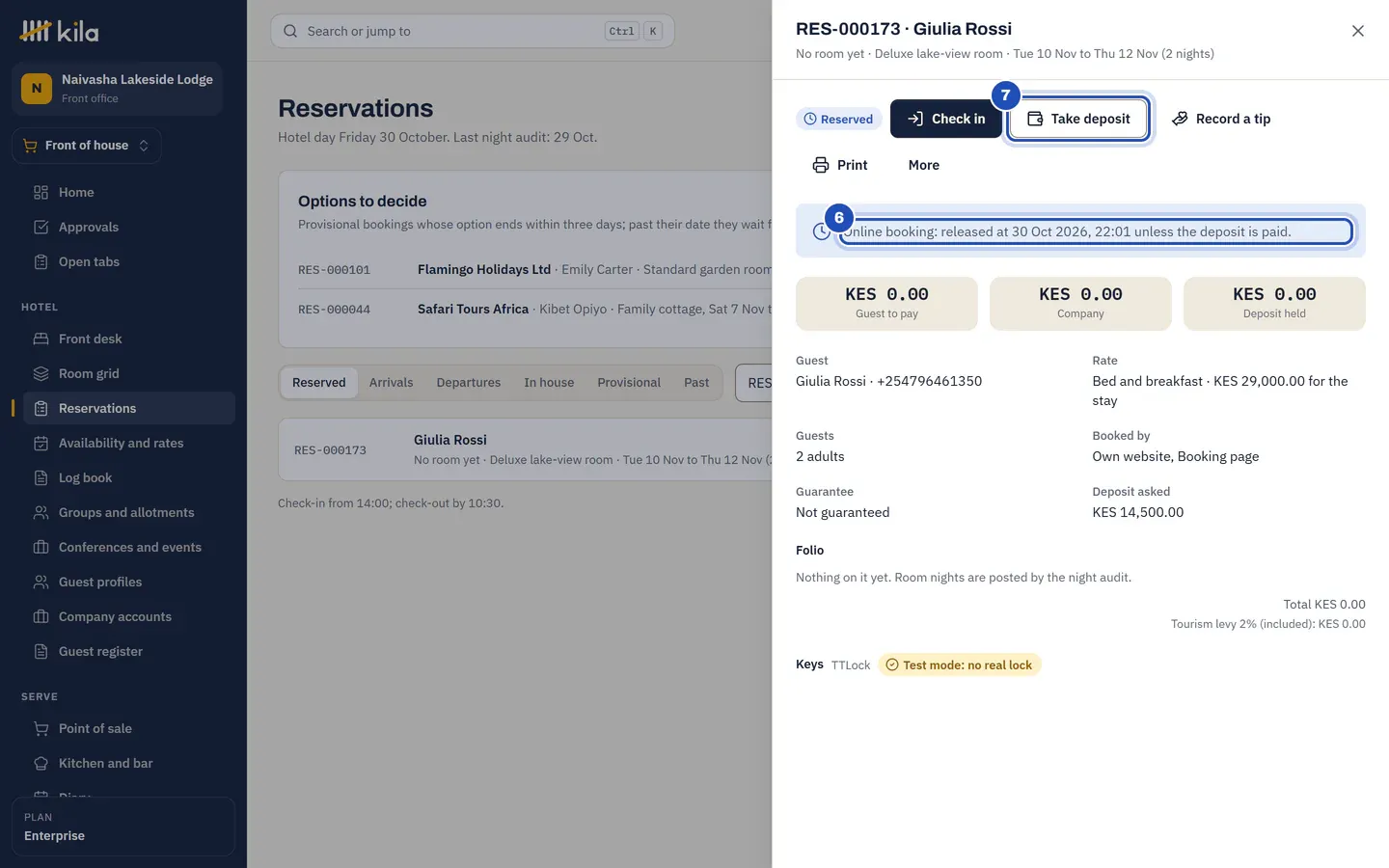 The online booking at the front desk: Online booking: released at a time unless the deposit is paid (6), and Take deposit (7).
