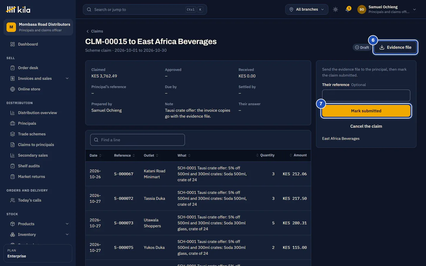 A draft scheme claim to East Africa Beverages: the invoice lines that had the Tausi crate offer, each with its outlet and amount, with Evidence file marked 6 and Mark submitted 7.