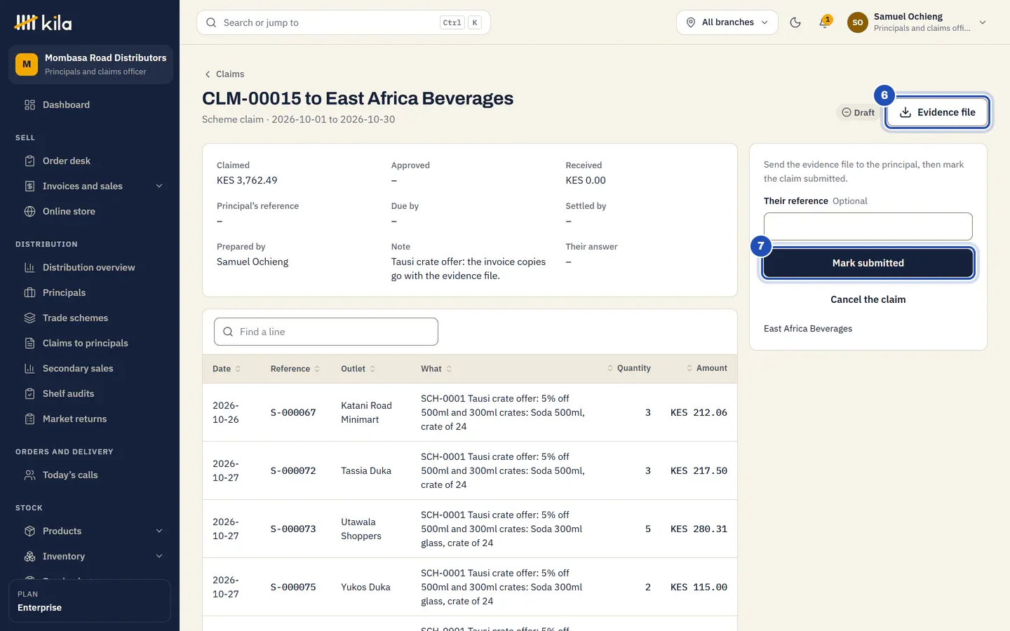 A draft scheme claim to East Africa Beverages: the invoice lines that had the Tausi crate offer, each with its outlet and amount, with Evidence file marked 6 and Mark submitted 7.