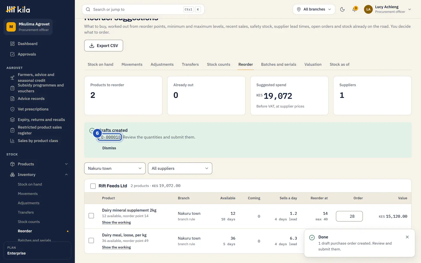 Drafts created: a link to the draft purchase order (6), Review the quantities and submit them. Highland Fertilizers Ltd's products have left the suggestions.