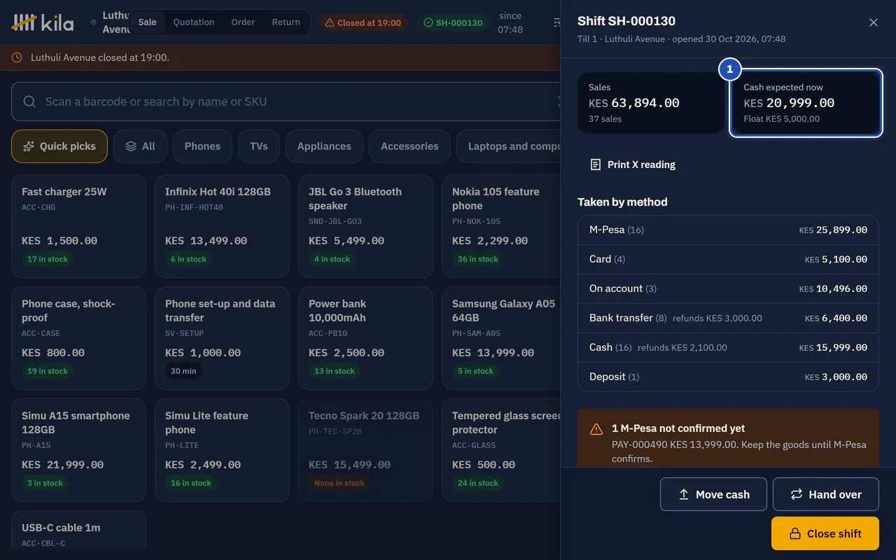 The shift panel: Cash expected now, from a KES 5,000.00 float, is marked 1. Below it, what the shift took by each method.