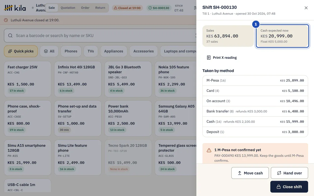 The shift panel: Cash expected now, from a KES 5,000.00 float, is marked 1. Below it, what the shift took by each method.