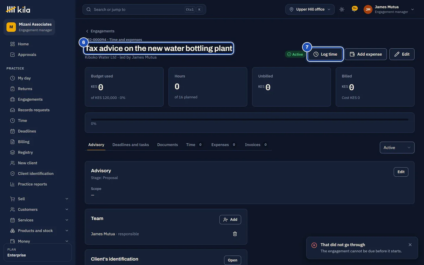 The new engagement's page: its name (6), Kiboko Water Ltd led by James Mutua, a budget of KES 120,000 with nothing used yet, and Log time (7).