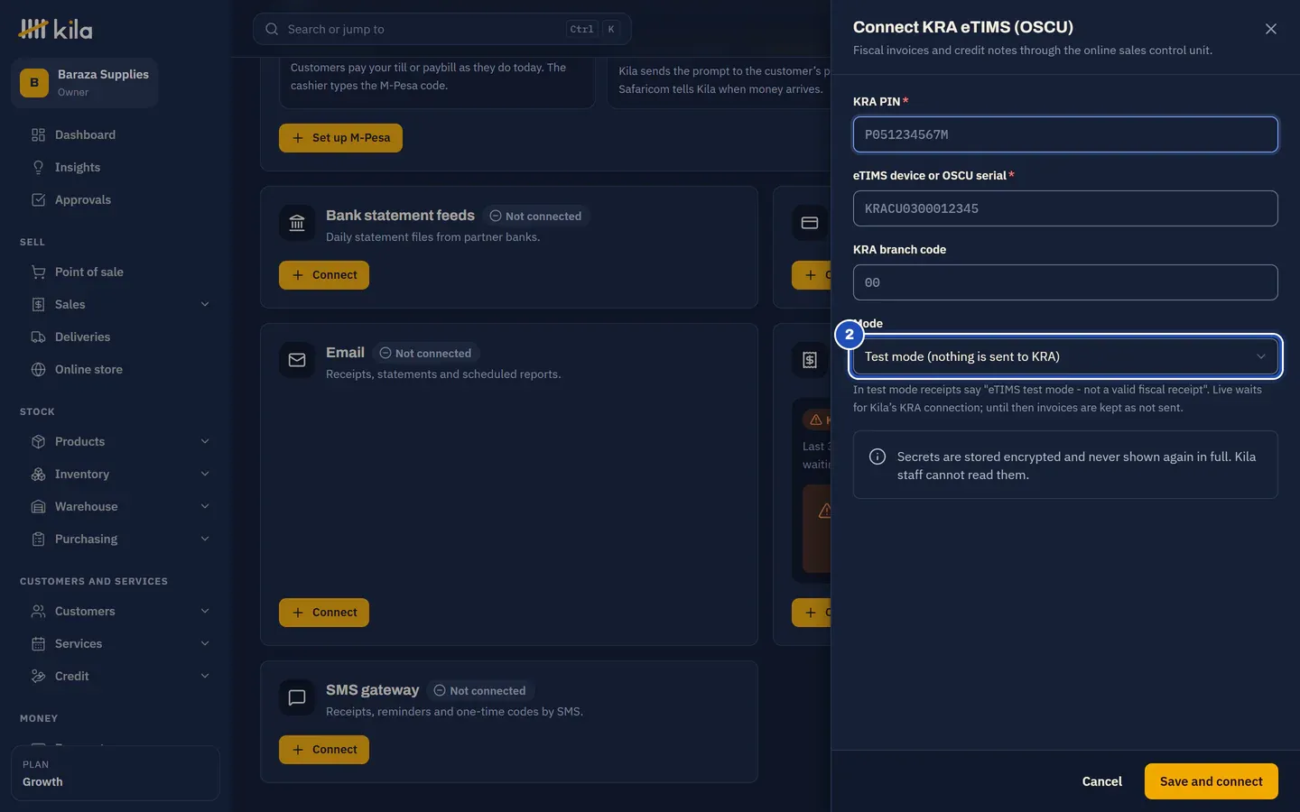 Connect KRA eTIMS (OSCU): KRA PIN, eTIMS device or OSCU serial, KRA branch code, and Mode set to Test mode (nothing is sent to KRA) (2).