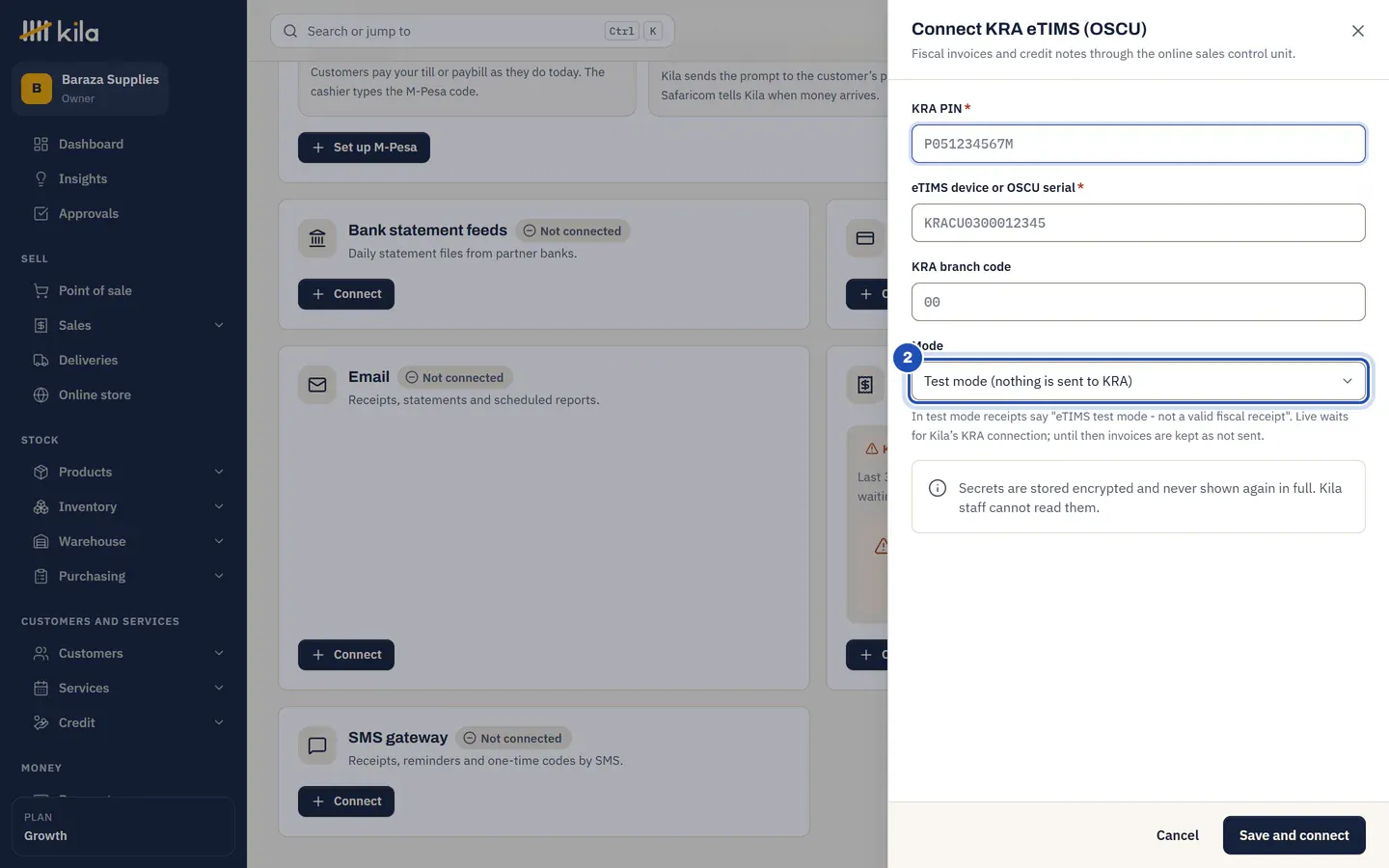 Connect KRA eTIMS (OSCU): KRA PIN, eTIMS device or OSCU serial, KRA branch code, and Mode set to Test mode (nothing is sent to KRA) (2).