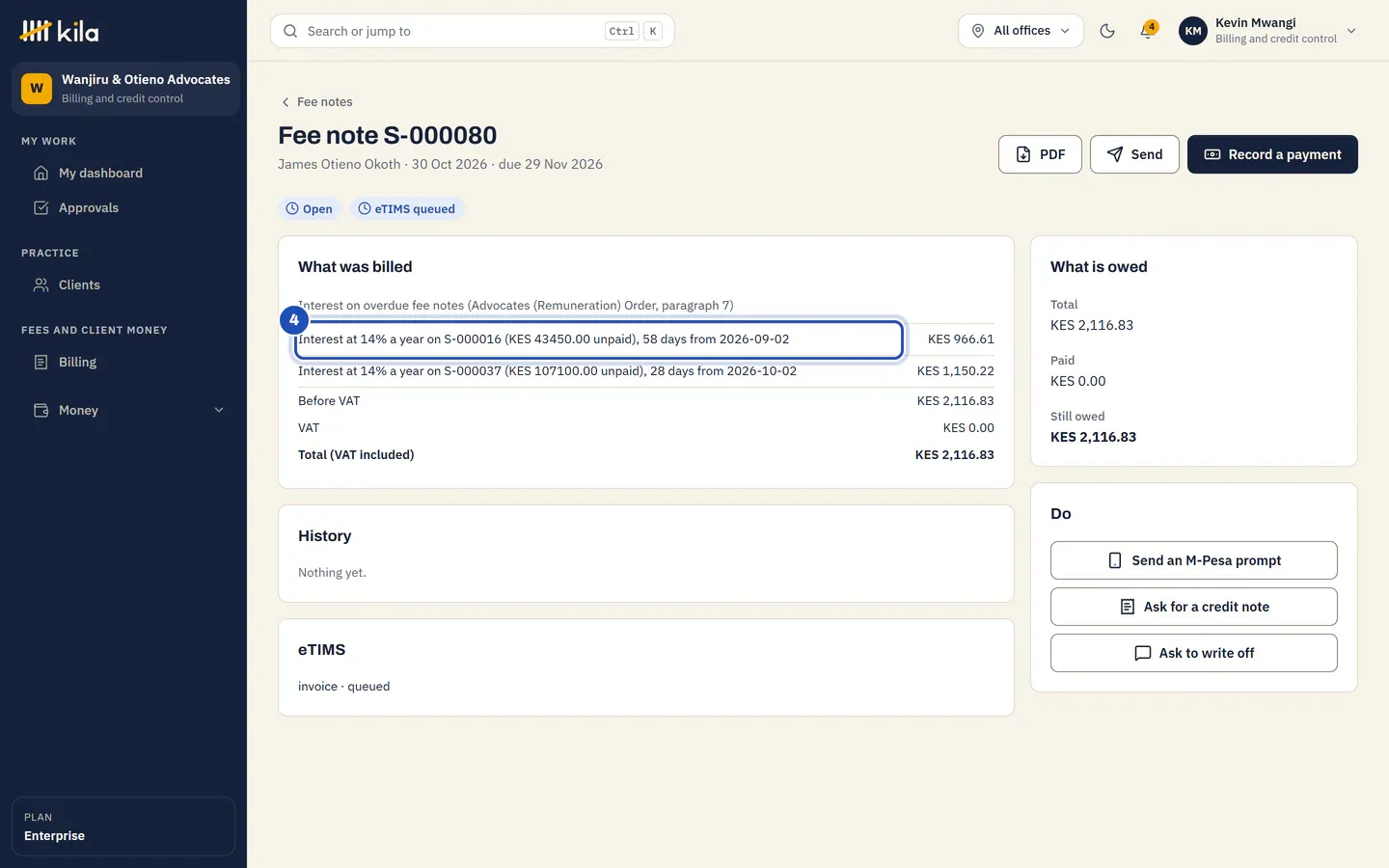 The interest fee note: Interest on overdue fee notes (Advocates (Remuneration) Order, paragraph 7), with one line for each late fee note (4) and the total owed.