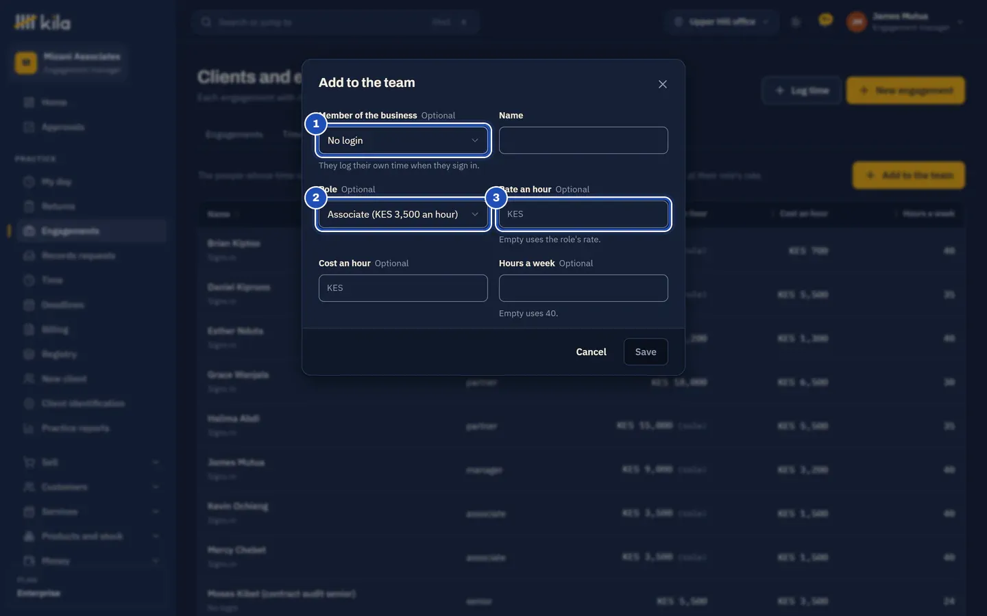 Add to the team on the Team tab: Member of the business, where No login is the first choice (1), the Role with its rate, such as Associate at KES 3,500 an hour (2), and Rate an hour, empty to use the role's rate (3).