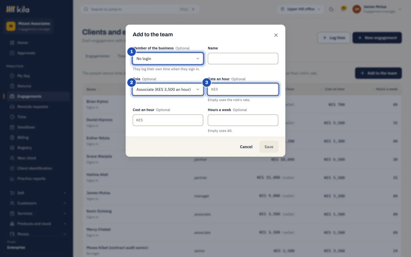 Add to the team on the Team tab: Member of the business, where No login is the first choice (1), the Role with its rate, such as Associate at KES 3,500 an hour (2), and Rate an hour, empty to use the role's rate (3).