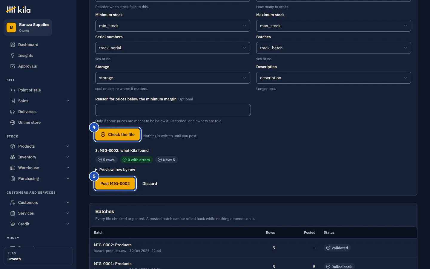 Check the file (4), then what Kila found for the batch: 5 rows, 0 with errors, New: 5, Preview, row by row, and the Post button with the batch number (5).