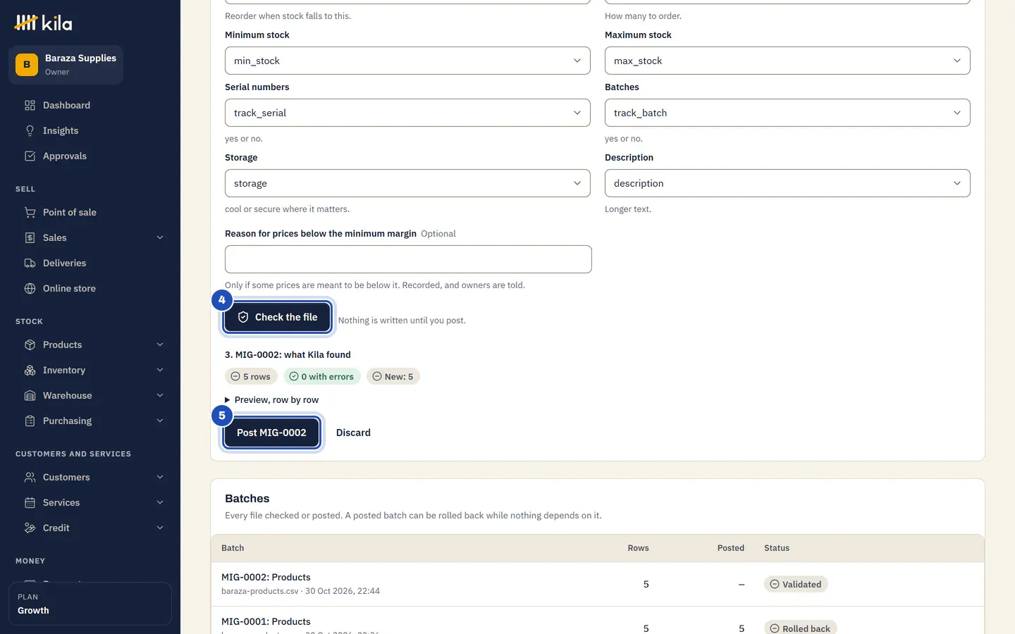 Check the file (4), then what Kila found for the batch: 5 rows, 0 with errors, New: 5, Preview, row by row, and the Post button with the batch number (5).