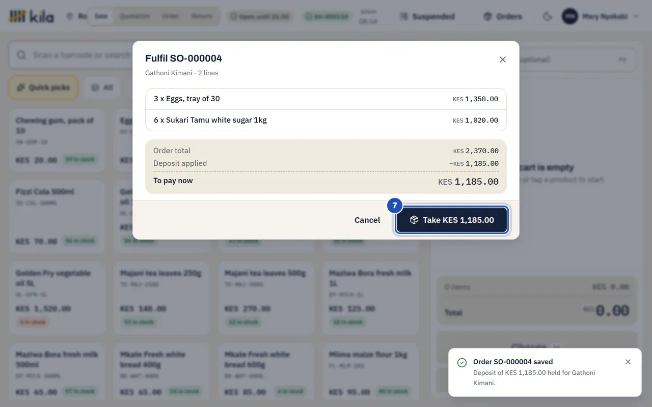 Fulfilling the order for Gathoni Kimani: three trays of eggs and six packets of sugar, order total KES 2,370.00, deposit applied KES 1,185.00, KES 1,185.00 to pay now, and Take KES 1,185.00 (7).
