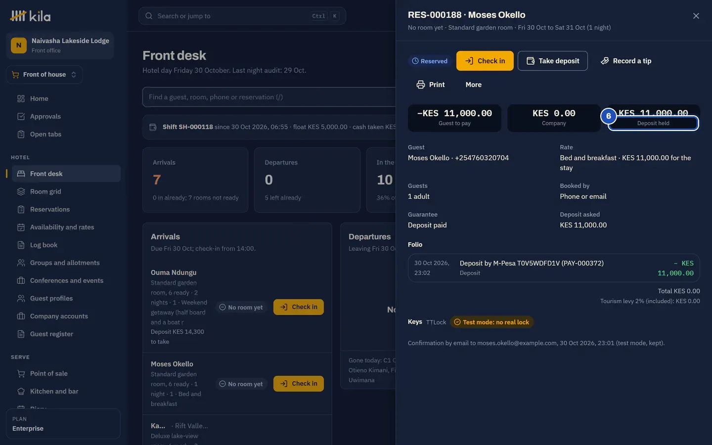 The reservation after the deposit: Deposit held (6), a Deposit by M-Pesa line on the folio, and the guarantee Deposit paid.
