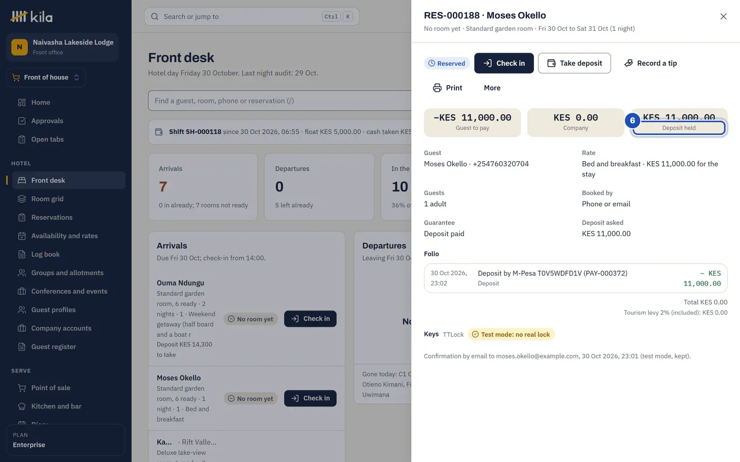 The reservation after the deposit: Deposit held (6), a Deposit by M-Pesa line on the folio, and the guarantee Deposit paid.