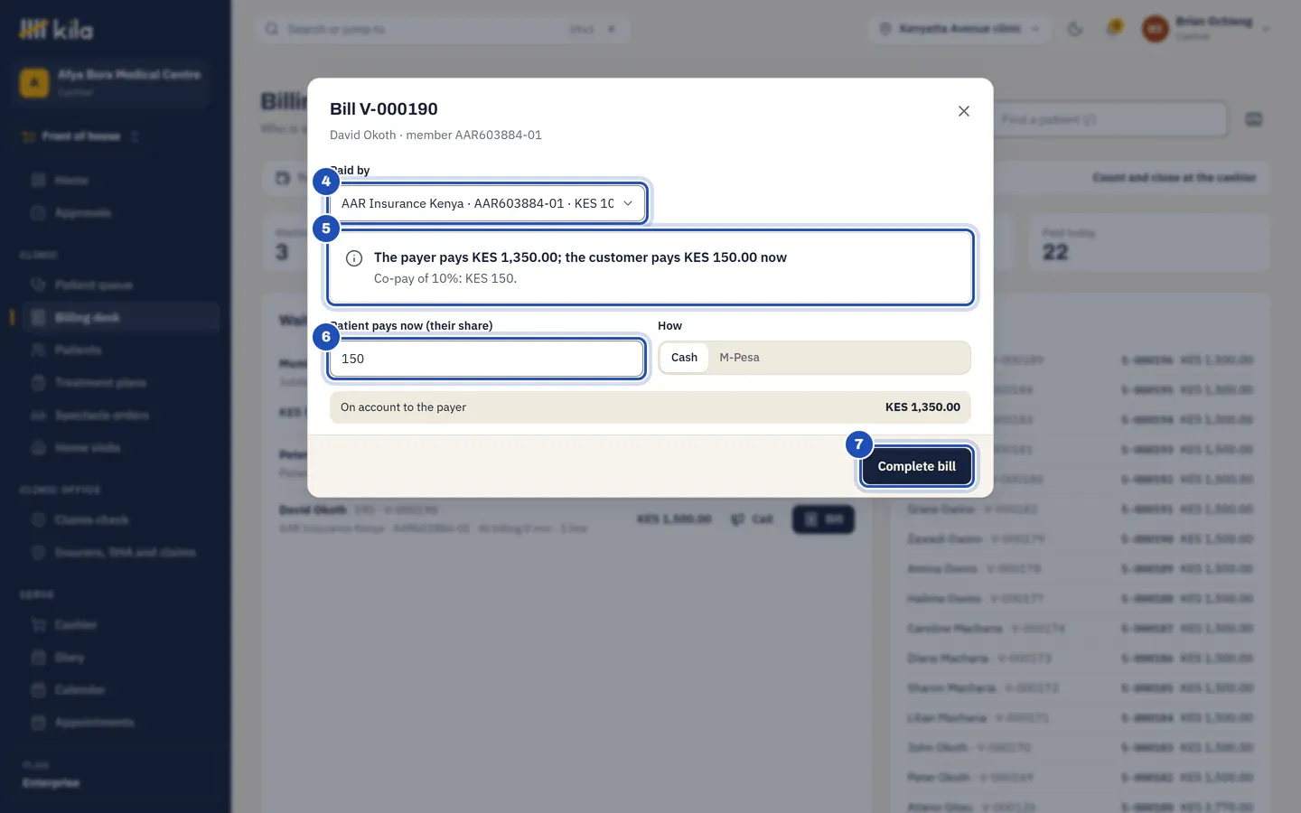 The bill for a patient covered by AAR Insurance Kenya: Paid by AAR with the member number (4); The payer pays KES 1,350.00, the customer pays KES 150.00 now, Co-pay of 10% (5); Patient pays now (their share) 150 in cash (6); On account to the payer KES 1,350.00; and Complete bill (7).