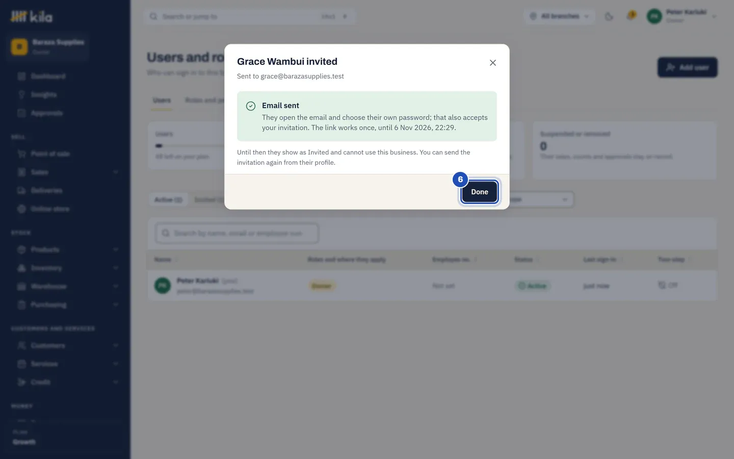 Grace Wambui invited: sent to grace@barazasupplies.test, she chooses her own password from the email, and the link works once until a date a week away. Done is marked 6.
