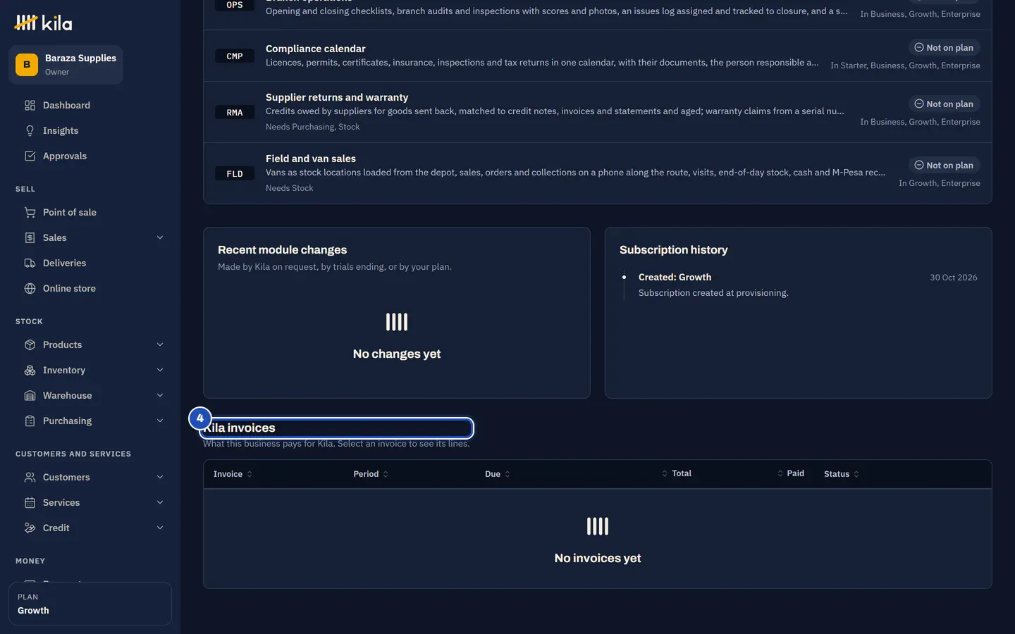Subscription history and Kila invoices (4), with no invoices yet during the trial.