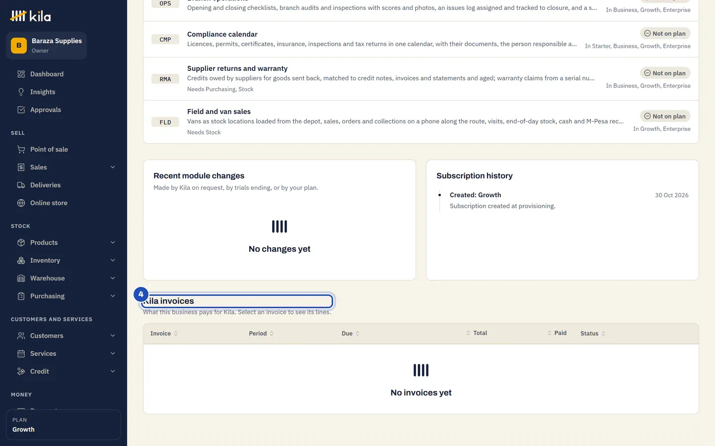 Subscription history and Kila invoices (4), with no invoices yet during the trial.