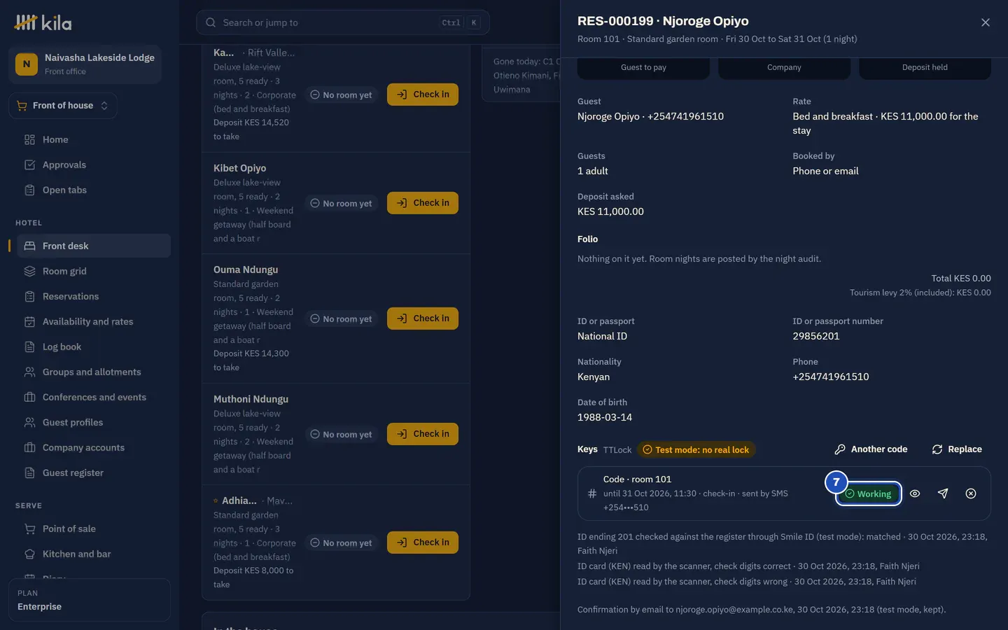 Njoroge Opiyo's folio on Kila's demo site: Keys on TTLock, Test mode: no real lock, the code for room 101 sent by SMS and Working (7), with Show the code, Send the code again, Another code and Replace.