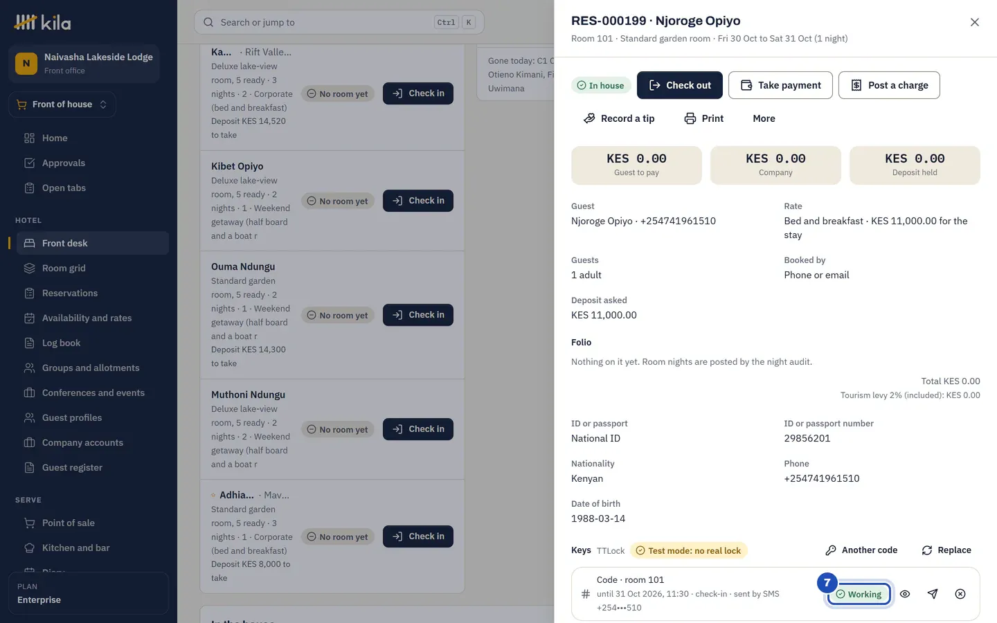 Njoroge Opiyo's folio on Kila's demo site: Keys on TTLock, Test mode: no real lock, the code for room 101 sent by SMS and Working (7), with Show the code, Send the code again, Another code and Replace.