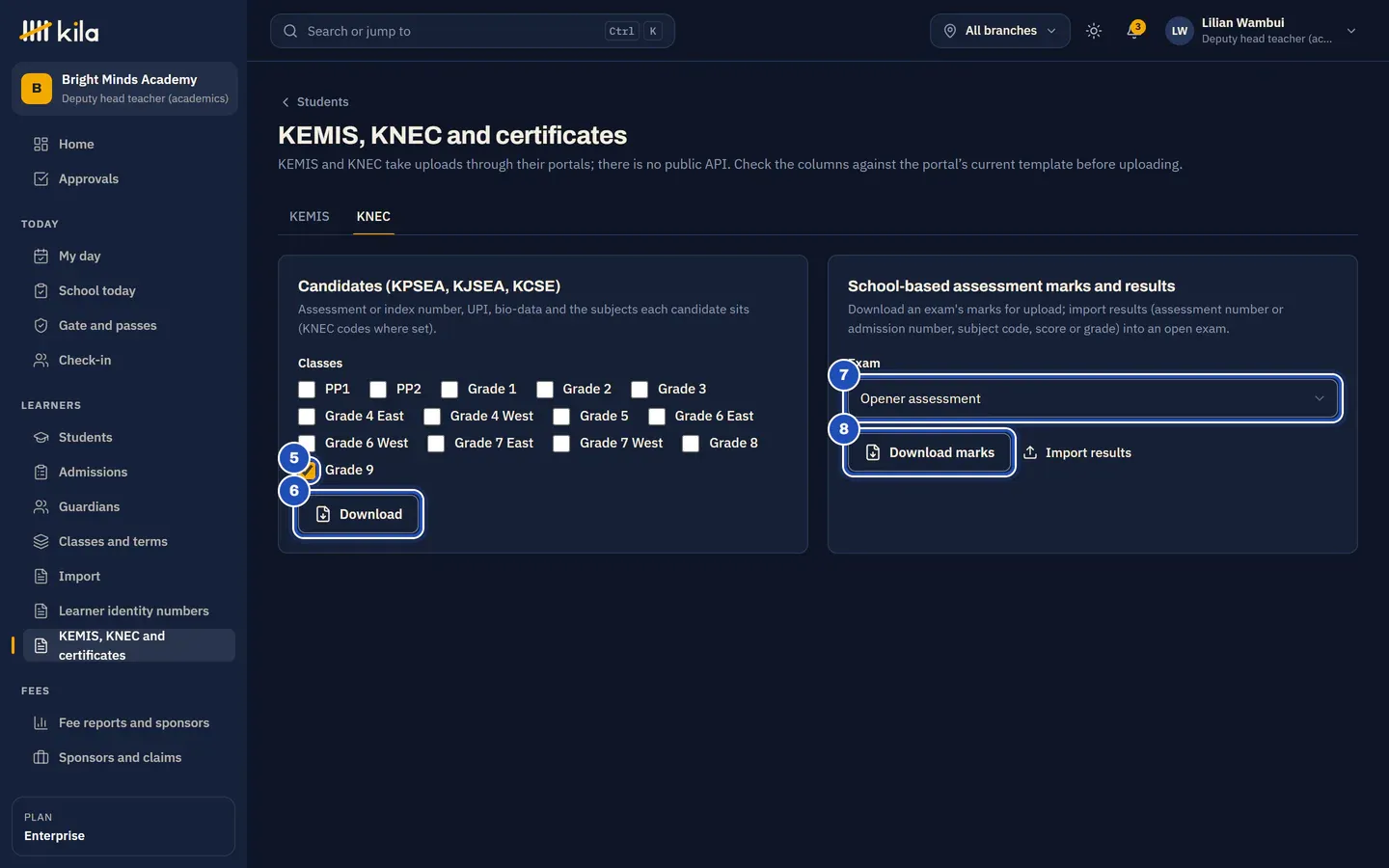 The KNEC tab for Lilian Wambui, deputy head: Grade 9 ticked (5) and Download (6) under Candidates (KPSEA, KJSEA, KCSE), and under School-based assessment marks and results the exam Opener assessment chosen (7), Download marks (8) and Import results.