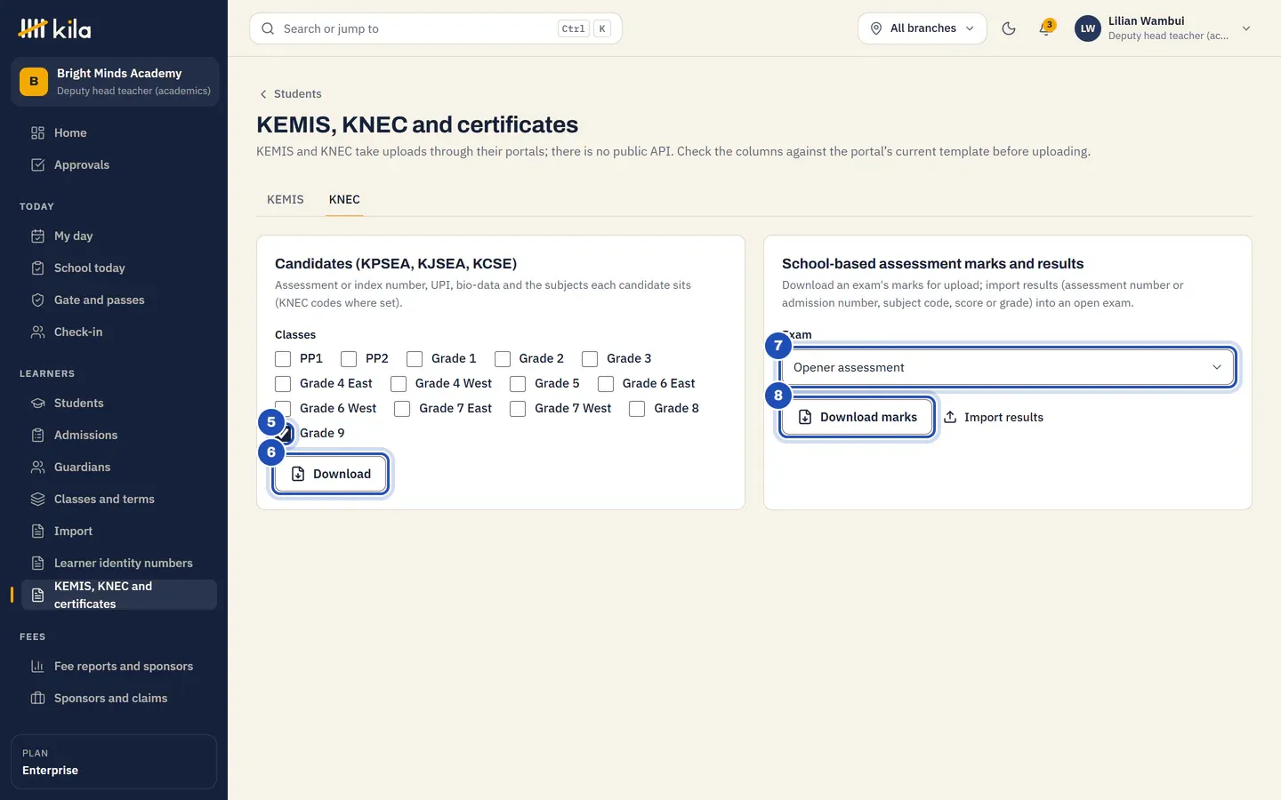 The KNEC tab for Lilian Wambui, deputy head: Grade 9 ticked (5) and Download (6) under Candidates (KPSEA, KJSEA, KCSE), and under School-based assessment marks and results the exam Opener assessment chosen (7), Download marks (8) and Import results.