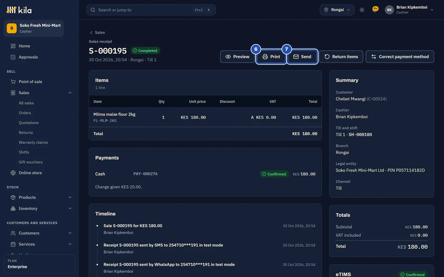 The sale S-000173 under Sales: Preview, Print (6), Send (7), Return items and Correct payment method, with its items, payment and a timeline listing the receipt sent by SMS in test mode and by email.