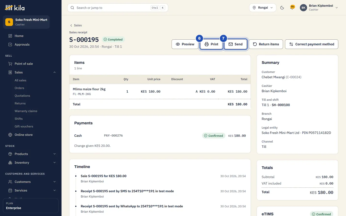 The sale S-000173 under Sales: Preview, Print (6), Send (7), Return items and Correct payment method, with its items, payment and a timeline listing the receipt sent by SMS in test mode and by email.