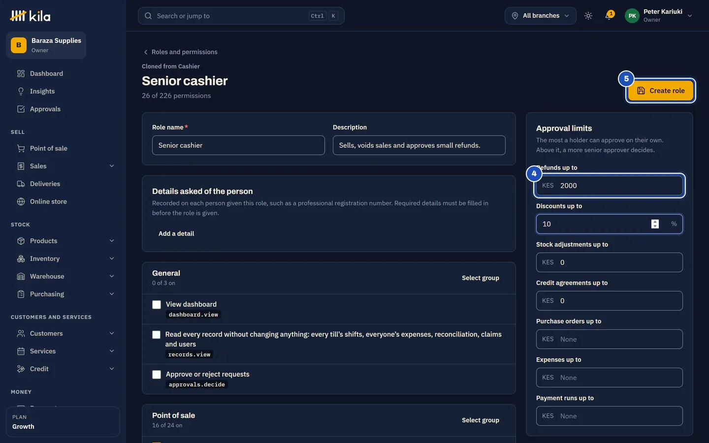 Approval limits for the new role: refunds up to KES 2,000 (4) and discounts up to 10%, and the Create role button (5).