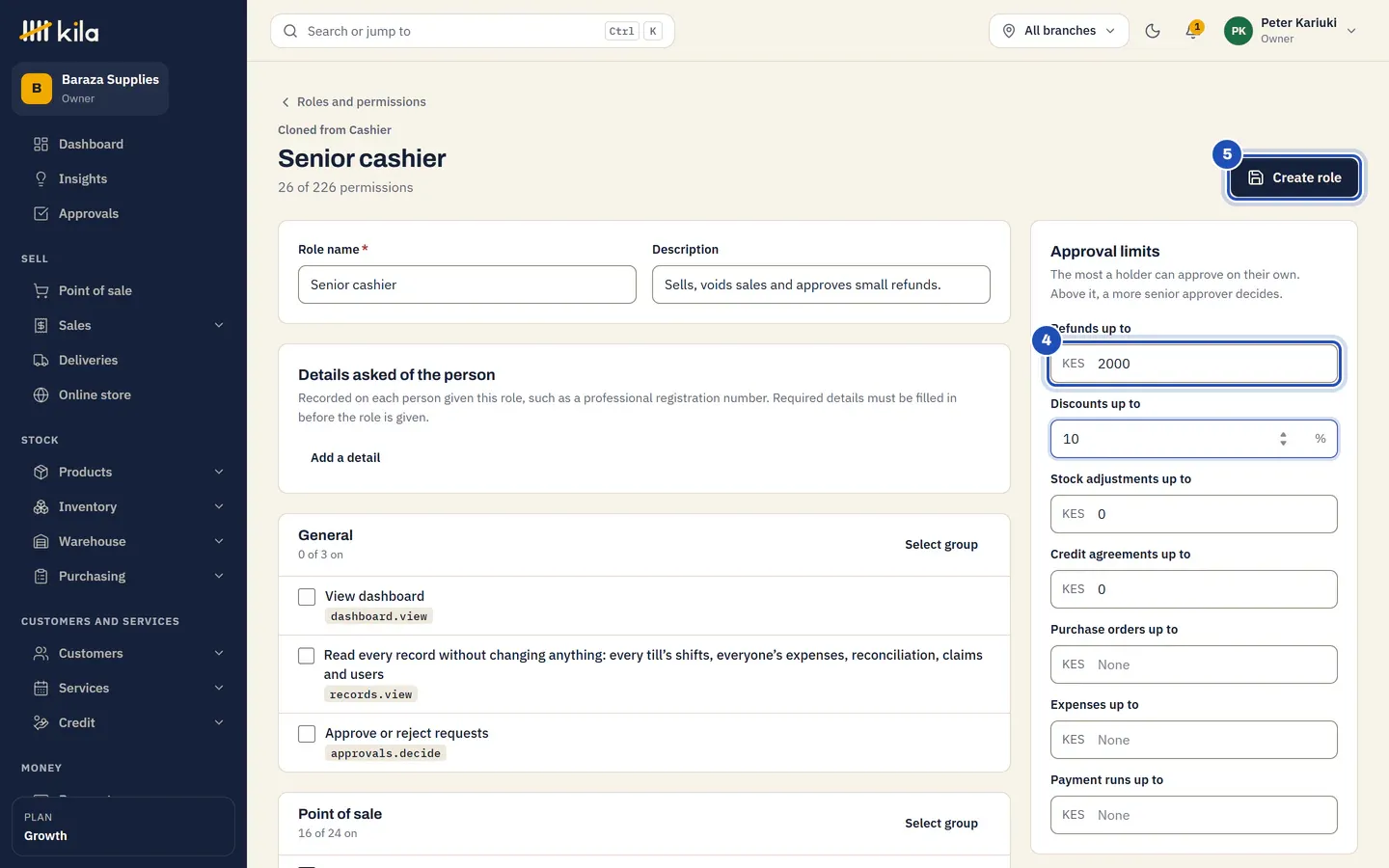 Approval limits for the new role: refunds up to KES 2,000 (4) and discounts up to 10%, and the Create role button (5).