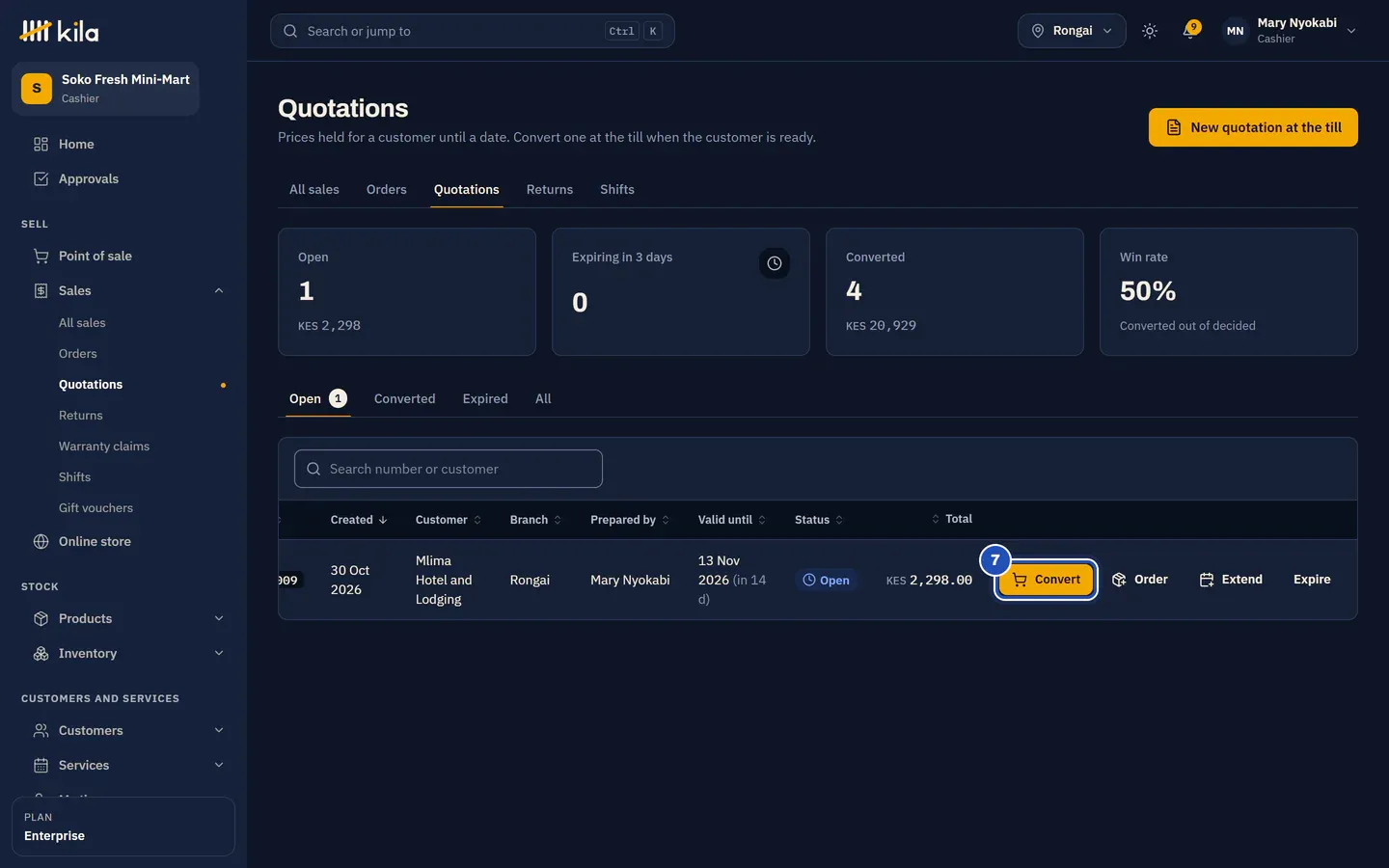 Sales, Quotations: the open quotation QT-000001 for Mlima Hotel and Lodging, valid until a date 14 days ahead, with Convert (7), Order, Extend and Expire.