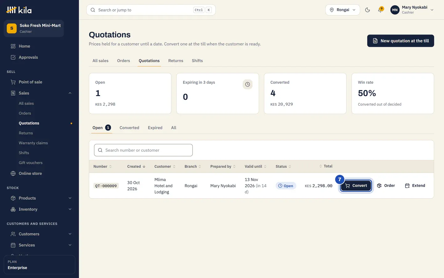 Sales, Quotations: the open quotation QT-000001 for Mlima Hotel and Lodging, valid until a date 14 days ahead, with Convert (7), Order, Extend and Expire.